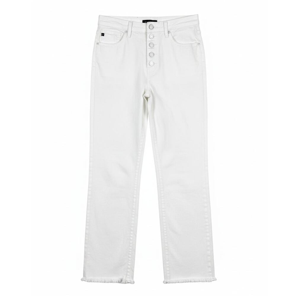 Kancan Women's 7/27 High Rise Button Fly Straight Leg Raw Hem White Denim Jeans